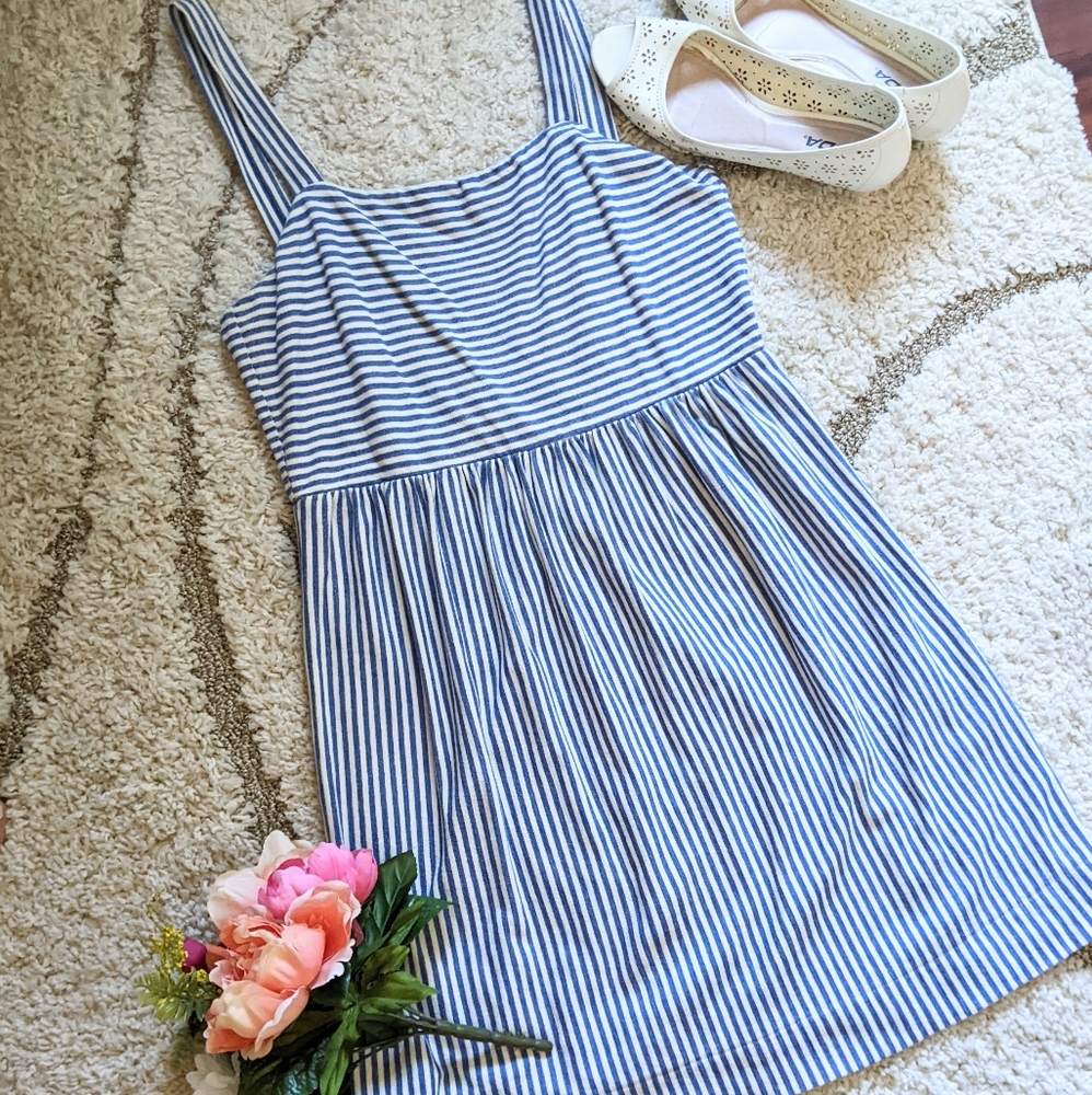 LOFT Striped Blue and White Cotton Dress - Small